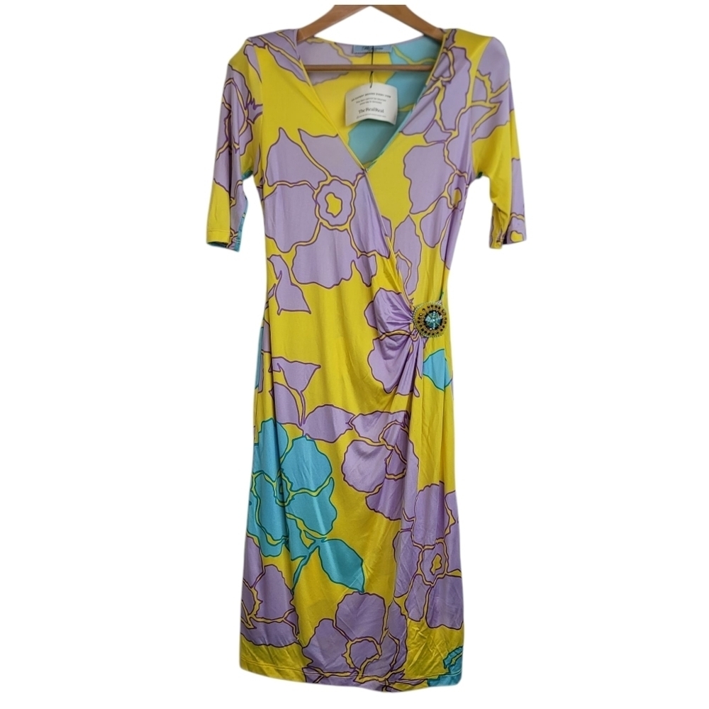 Blumarine Vintage v neck silk floral midi dress with jewelled brooch accent